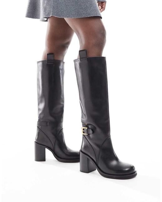 Botas Por La Rodilla Negras Con Puntera Redondeada De Cuero Premium Casper De -Negro ASOS de color Blue