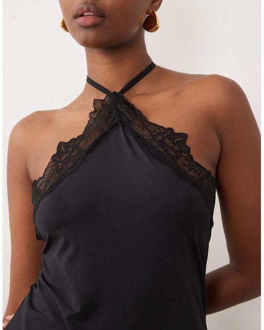 ASOS Black Slinky Long Line Lace Trim Asymmetric Halterneck Top