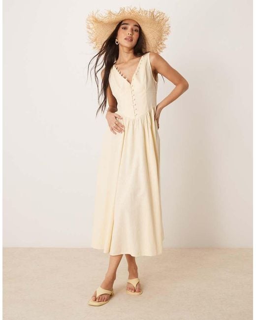 ASOS Natural V Neck Button Through Maxi Sundress With Dropped Waist