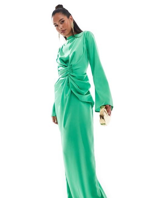 ASOS Green Twist Front Fluted Sleeve Maxi Dress