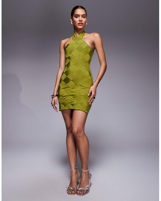 ASOS Green Bandage Checkerboard Halterneck Mini Dress