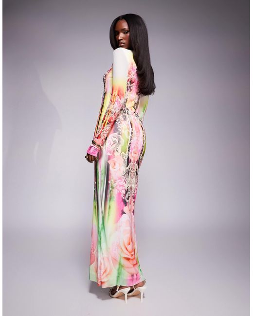 AFRM Pink – didi – langärmliges netzstoff-midikleid mit spitzenprint im grunge-design