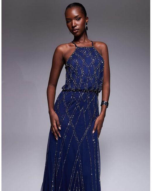 Goddiva Blue Racer Neck Sleeveless Hand Embellished Sequin Maxi Dress