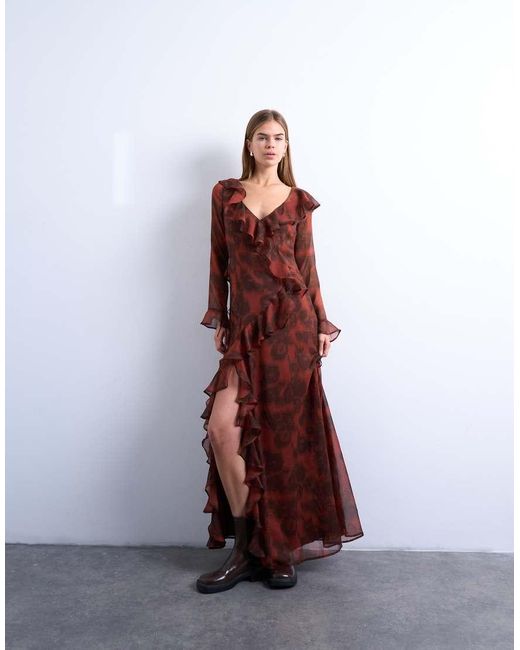 TOPSHOP Brown Long Sleeve Ruffle Maxi Dress