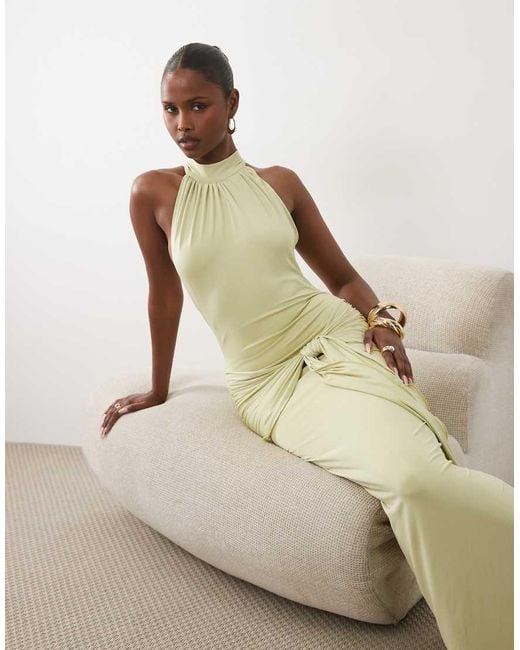 Ruched & Ready Natural Premium Butter Touch Sculpting Halterneck Drape Waist Detail Maxi Dress
