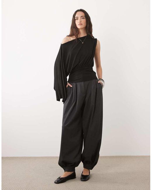 ASOS Black Slash Neck Cinch Waist Top With Cape One Sleeve Detail