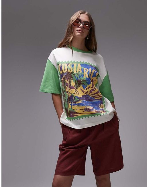 Camiseta Blanca Extragrande Con Mangas En Contraste Y Estampado Gráfico "Costa Rica" De TOPSHOP de color White