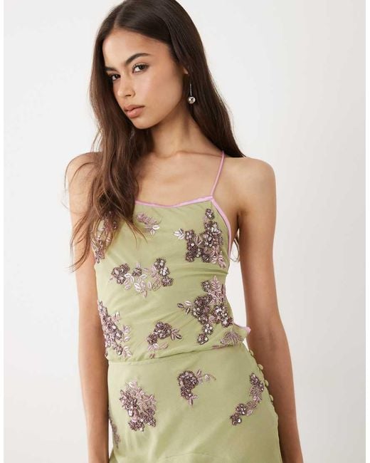 ASOS Green Asos Design Tall Ditsy Embellished Bias Semi Sheer Chiffon Maxi Dress With Open Back