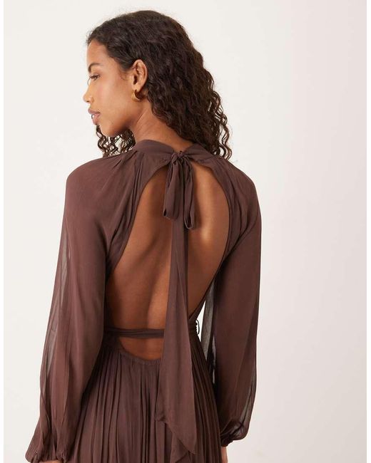 LACE & BEADS Brown Chiffon Balloon Sleeve Maxi Dress