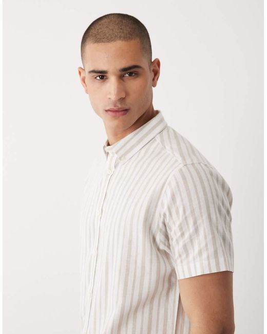 Threadbare White Linen Mix Short Sleeve Shirt for men
