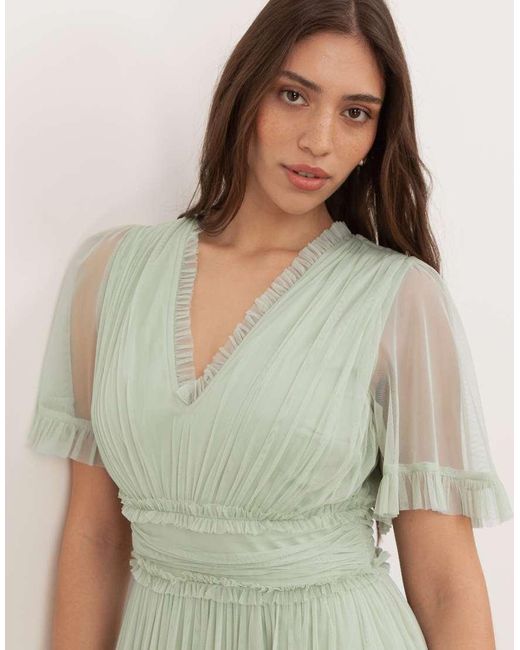 ANAYA Green V Neck Ruffle Tulle Maxi Dress