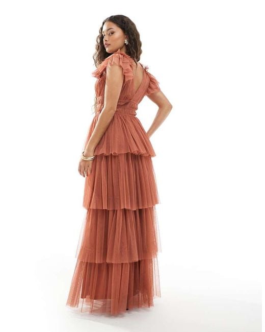 LACE & BEADS Bridesmaid Ruffle Tiered Tulle Maxi Dress