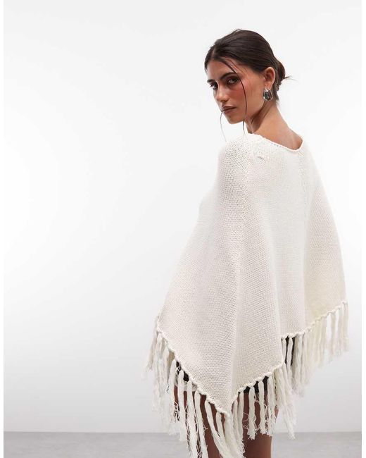 Edikted White Kamila Fringe Knit Poncho