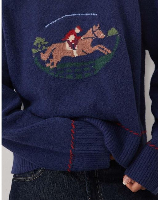 Abercrombie & Fitch Blue Knitted Crew Neck Horse Graphic Jumper