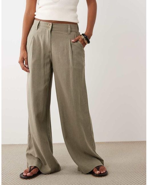 ASOS Natural Asos Design Petite Wide Leg Trousers With Pleat Detail