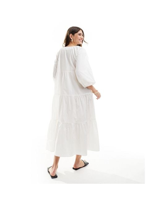 & Other Stories White Midaxi Smock Dress With Bow Bodice Detail And Volume Sleeves