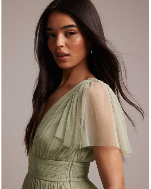 LACE & BEADS Green Bridesmaid Tulle V Neck Midi Dress