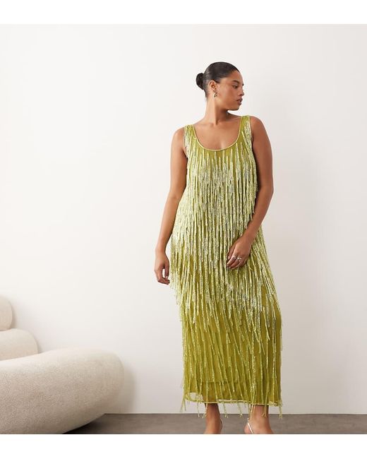 ARRANGE Green Curve Beaded Fringe Scoop Neck Maxi Dress
