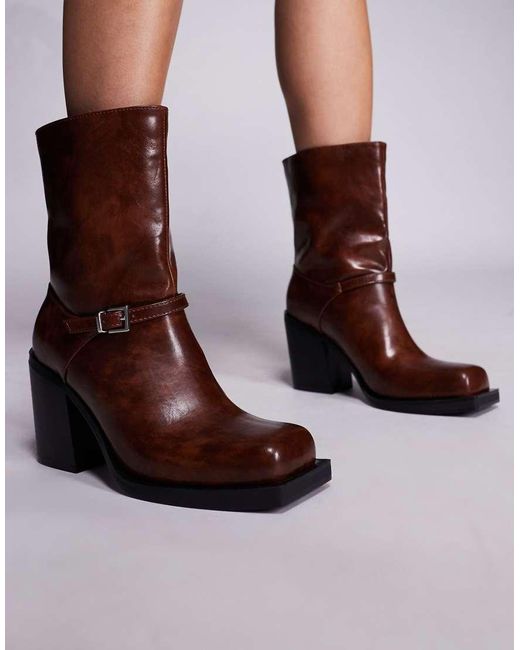 Public Desire Brown Dusty Square Toe Heeled Ankle Boots