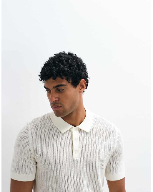 Mango Ajourgebreide Polo in het White voor heren