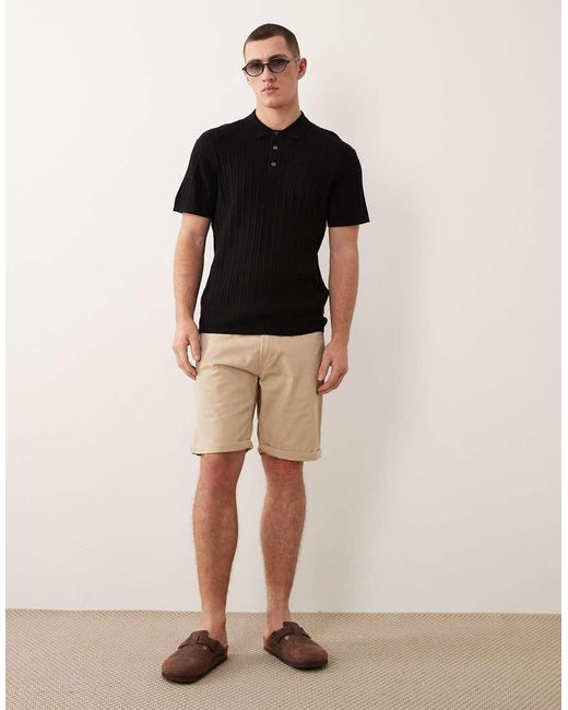 Jack & Jones Black Cable Knit Polo With Short Sleeves for men