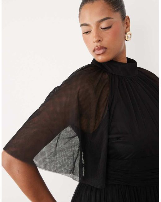 Lace & Beads Plus Black Tulle High Neck Flutter Sleeve Maxi Dress