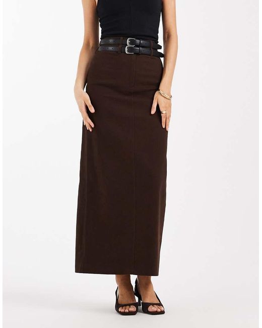 4th & Reckless Brown Cotton Rich Double Belt Detail Column Maxi Skirt Co-ord