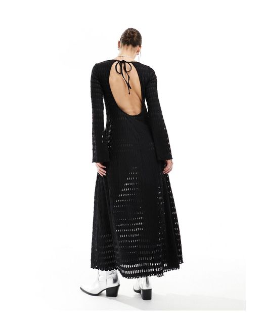 Monki Black Open Knit Pointelle Maxi Dress With Long Sleeves And Open Back
