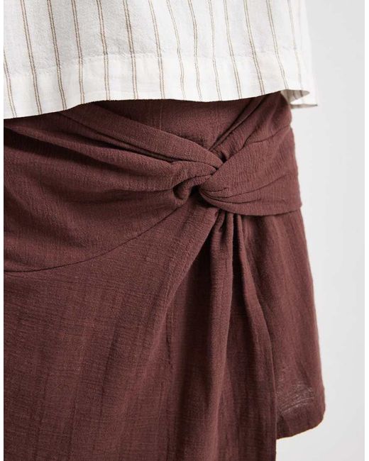 Pieces Brown Textured Cotton High Waisted Knot Detail Skort