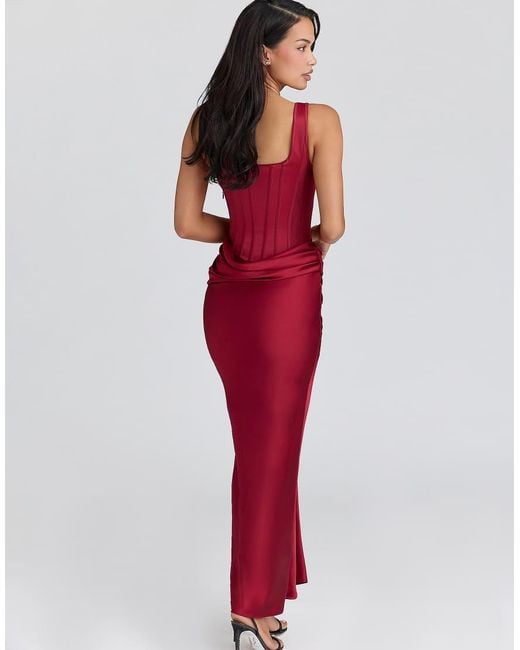 House Of Cb Red Kira Satin Corset Maxi Dress