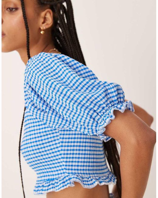Top Azul Claro A Cuadros De Estilo Mesonera Con Mangas Abullonadas De (Parte De Un Conjunto) ASOS de color Blue