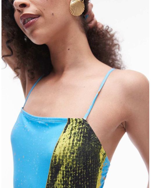 TOPSHOP Blue Fitted Swimsuit With Exotic Print