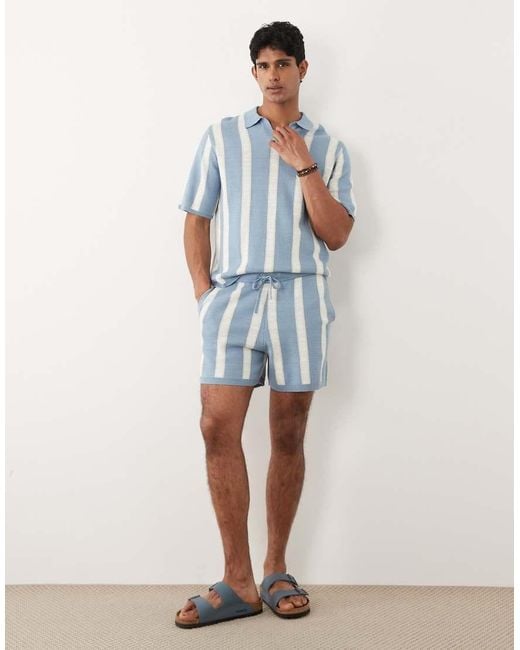 ASOS Blue Relaxed Short Sleeve Knitted Stripe Notch Neck Polo for men