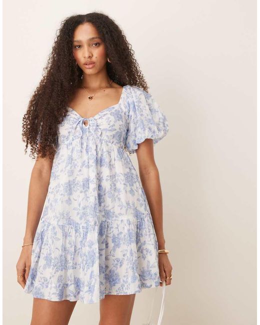 Gina Tricot Natural Puff Sleeve Tie Front Mini Dress