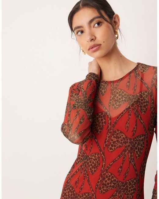 Never Fully Dressed Red Leopard Bow Mesh Maxi Dress