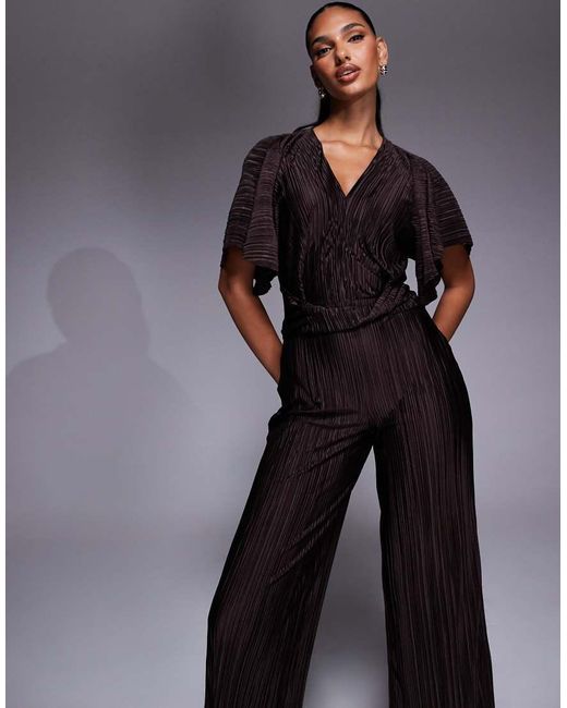 ASOS Natural Plisse Plunge Short Sleeve Wrap Waist Jumpsuit