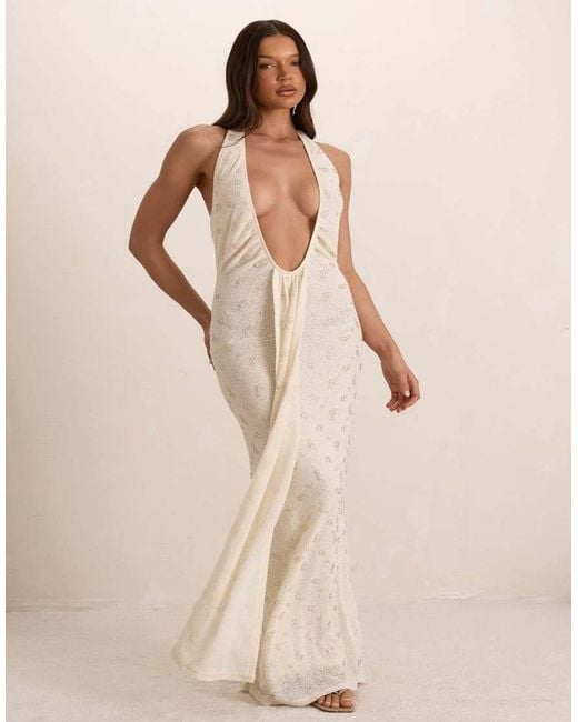 Missy Empire Natural Embellished Knit Plunge Drape Maxi Dress