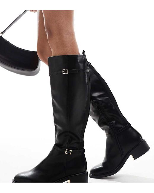 SEQWL Wide Fit Black Knee High Flat Riding Boots