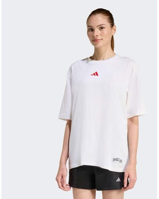 Adidas Originals White Mini Embroidery Oversized Graphic T-Shirt
