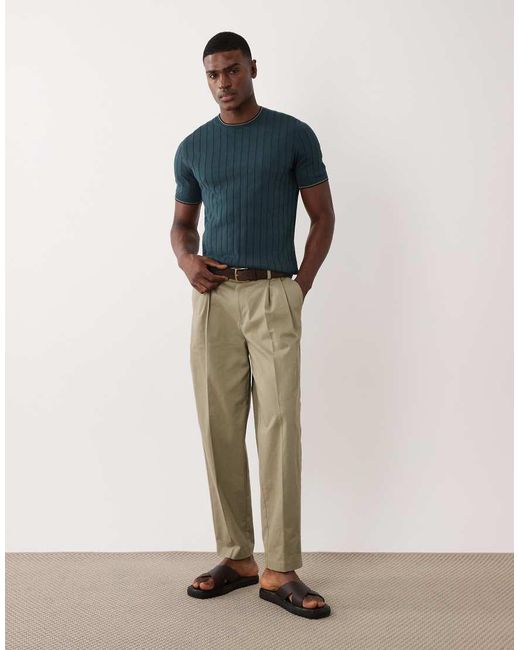 Mango Blue Ribbed T-Shirt With Contrast Tipping for men