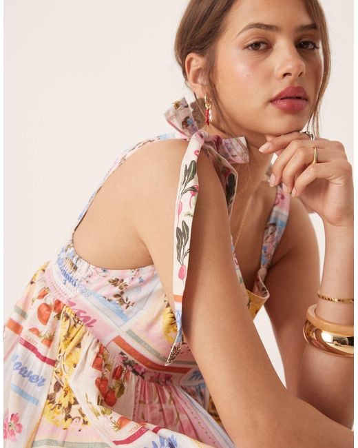 Miss Selfridge Pink Tie Shoulder Postcard Print Maxi