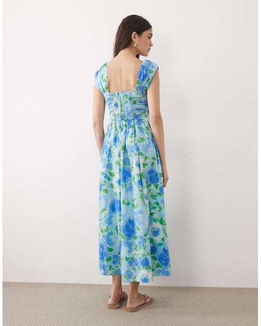 Nobody's Child Blue Mika Cotton Square Neck Sleeveless Ruched Detail Maxi Dress
