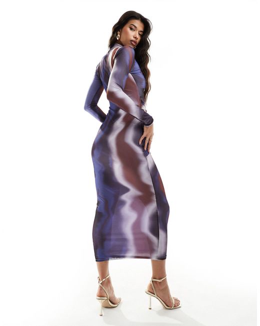 ASOS Blue Long Sleeve Mesh Maxi Dress With Ruching