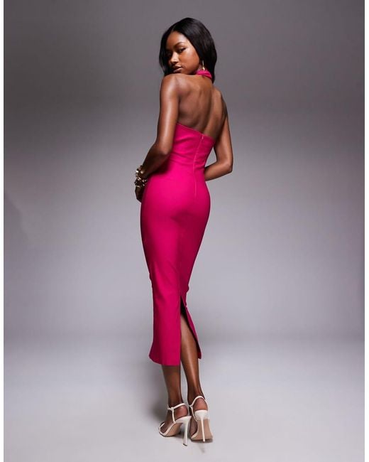 Vesper Pink Bengaline Scoop Neck Halterneck Bodycon Midaxi Dress