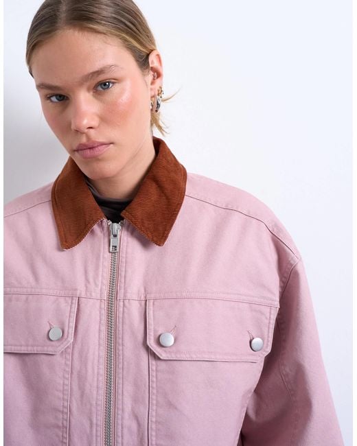 TOPSHOP Pink Patch Pocket Barn Jacket With Contrast Collar