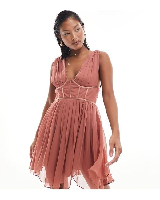 ASOS Red Asos Design Petite Corset Plunge Pleated Mini Dress With Button Detail