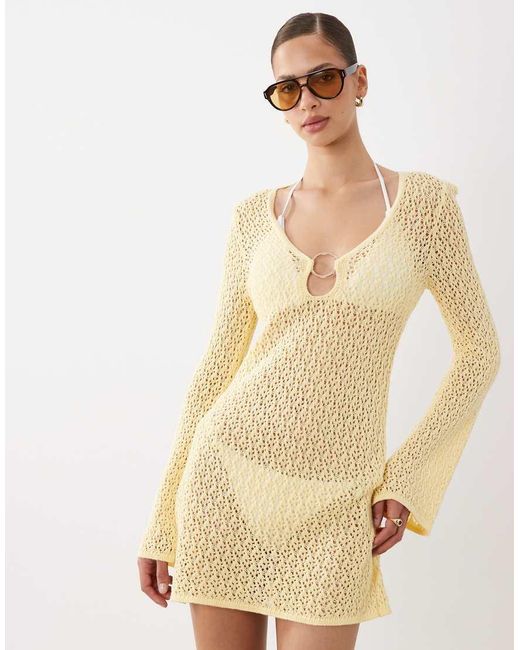 New Look Natural Ring Detail Crochet Kaftan