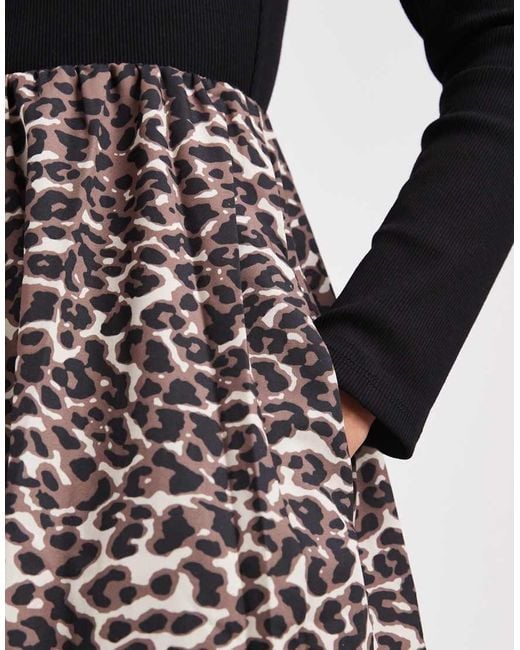 Threadbare Black Long Sleeve Midi Dress With Contrast Leopard Print Skirt