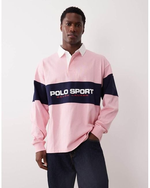 Polo Ralph Lauren Pink Sport Chest Panel Flag Logo Oversized Fit Rugby Polo for men