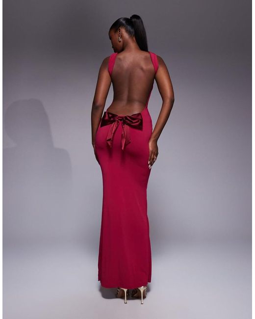 Tiger Mist Red Zita Square Neck Open Scoop Back Satin Bow Detail Maxi Dress